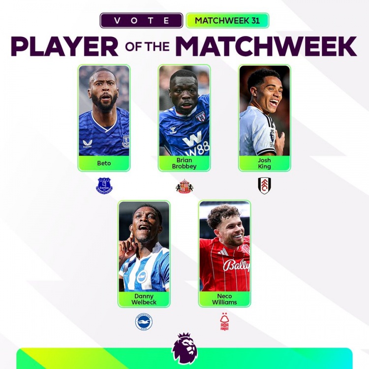 英超第31轮官方最佳候选出炉 贝托2球1助领衔五人名单